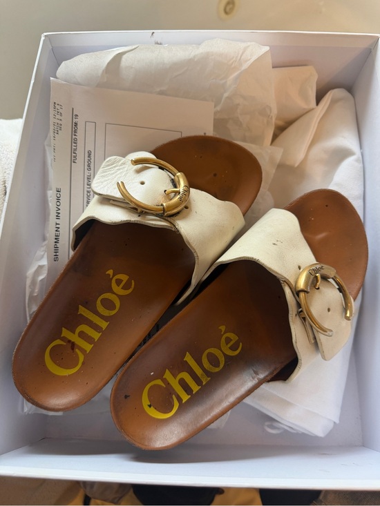 Chloe Shoes - Chloé “Lauren” Cream Leather Slide sandals  with Gold Buckle 37 7 M